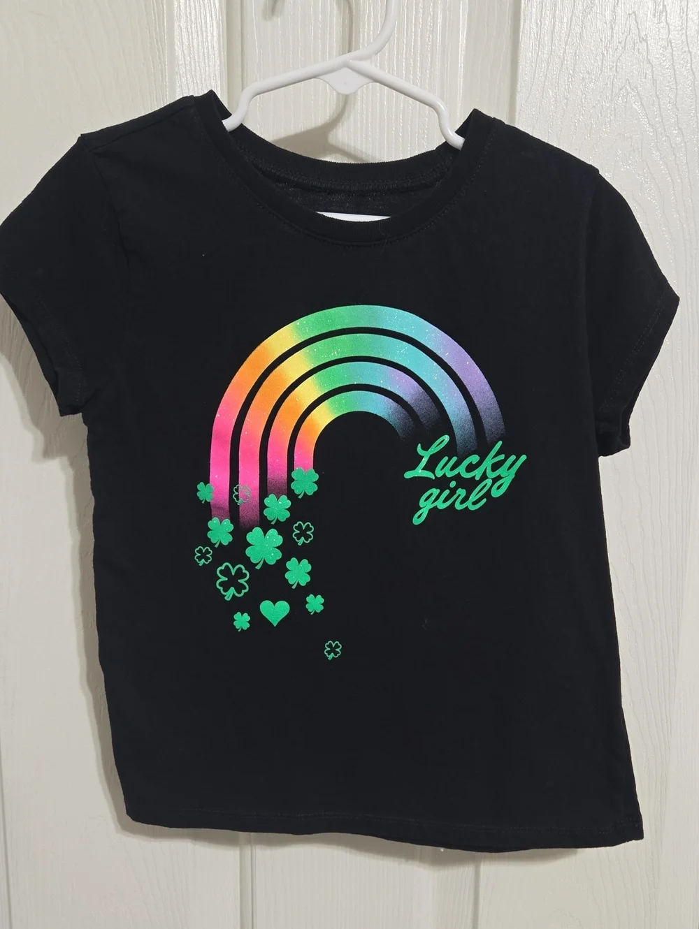 Lucky Girl Black Kids Tee with Rainbow & Green Shamrock Graphic